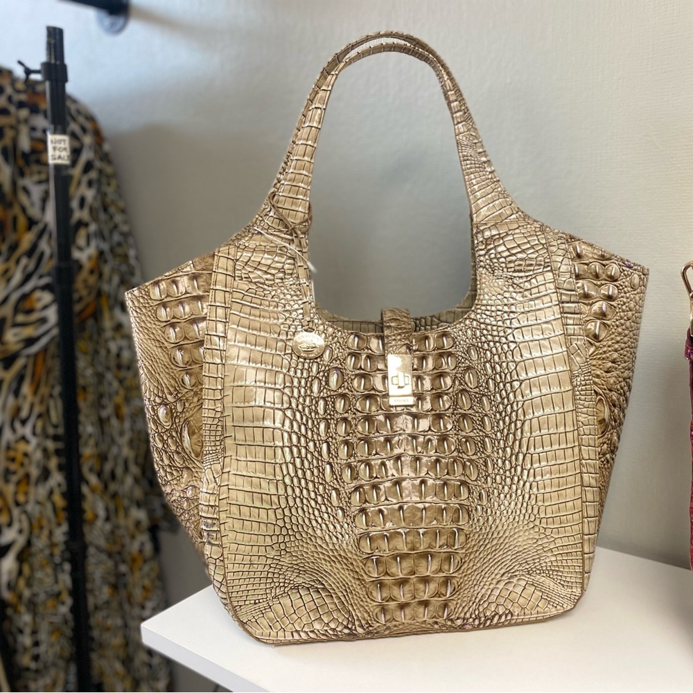 Brahmin Crocodile-Embossed Beige Tote